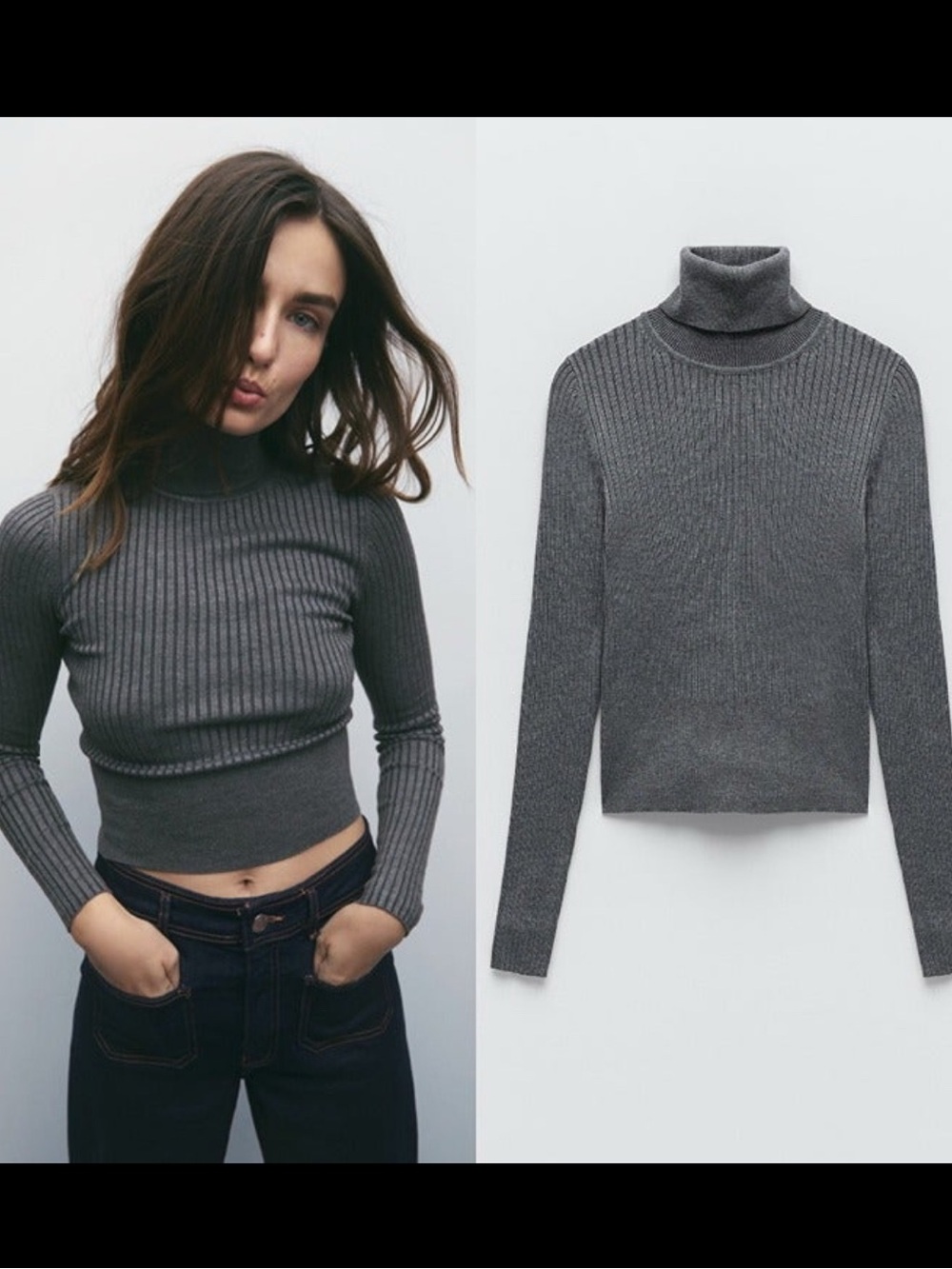 ZARA Gray Ribbed Turtleneck Sweater - Women's